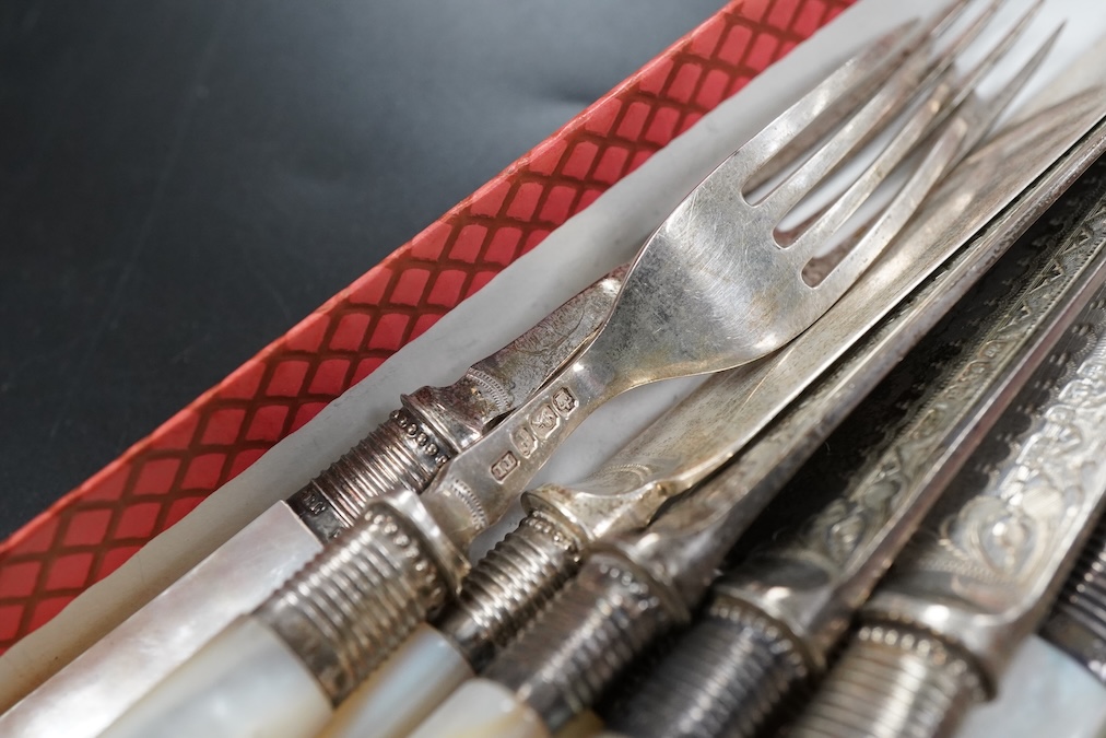 A set of six late Victorian mother pearl handled silver fruit knives and forks length 19.4 cm.